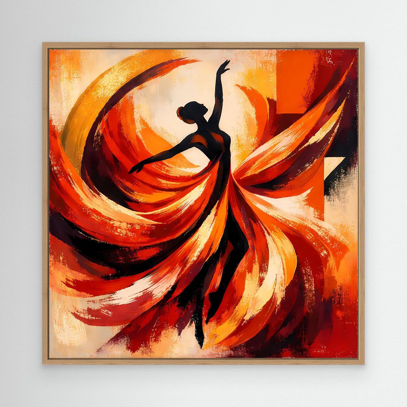 Leinwandbild mit abstrakter Ballerina-Silhouette und feurigen Rot-Orange-Wirbeln im Eichenrahmen