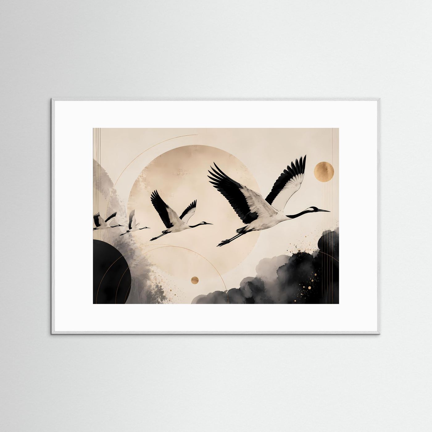 Poster mit fliegenden Kranichen in Schwarz und Beige, weißer Rahmen