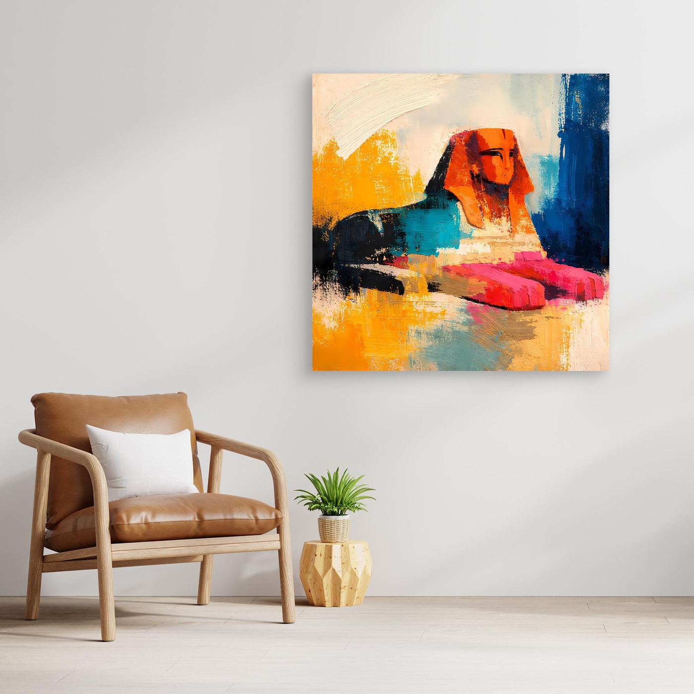 Abstract Egyptian sphinx canvas wall art with orange, blue, teal, and pink color blocks