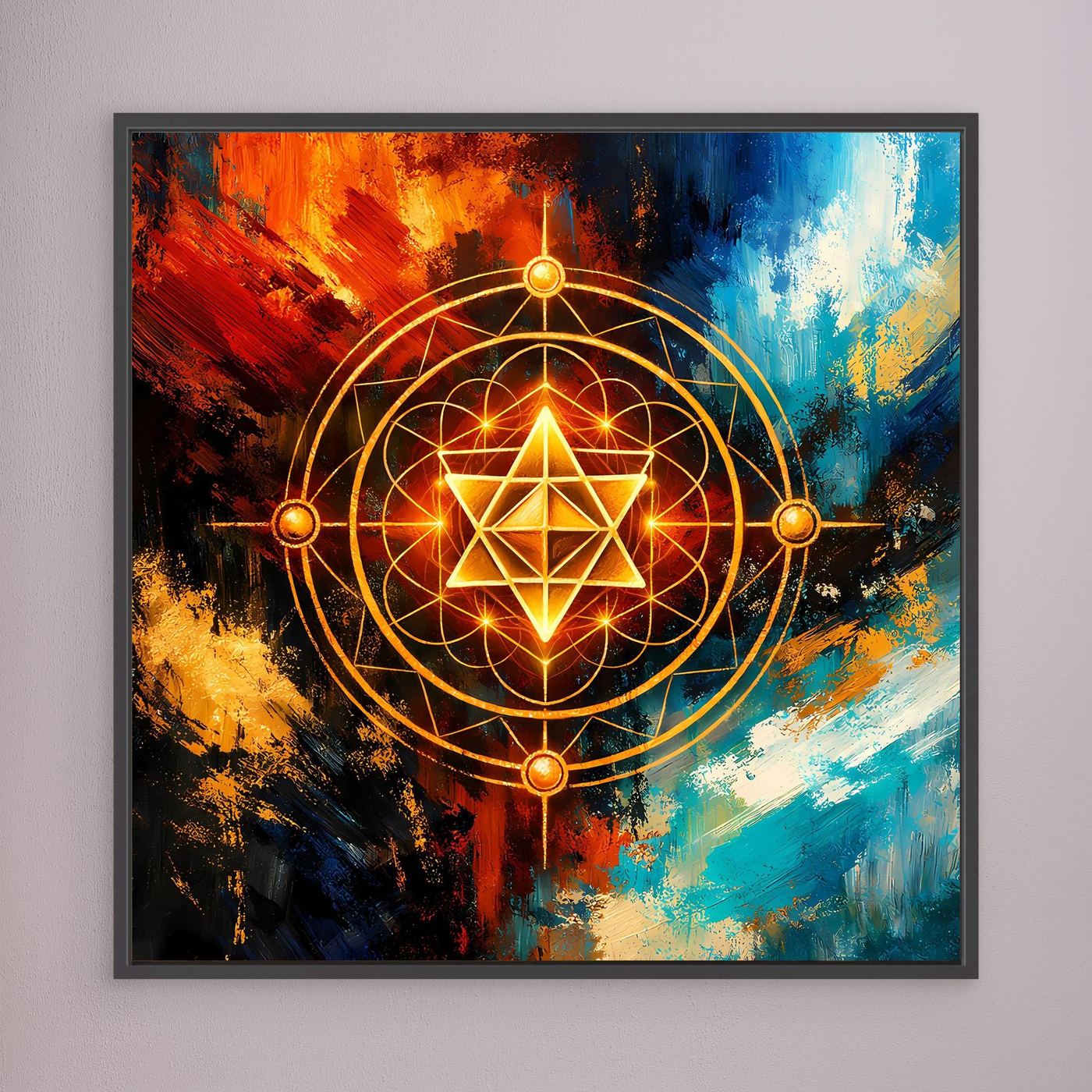 Leinwandbild mit goldener Merkaba-Geometrie im abstrakten Farbverlauf, schwarzer Rahmen