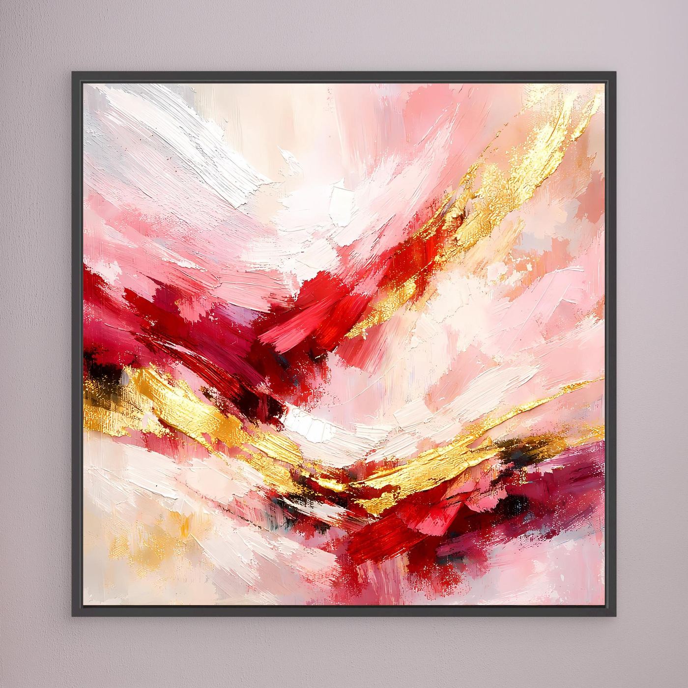 Leinwandbild mit abstrakten Pinselstrichen in Rosé, Rot und Gold mit schwarzem Rahmen