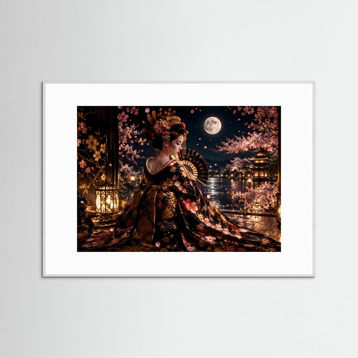 Elegante Geisha unter Kirschblüten | Japanische Kunst & Mondschein Poster Querformat