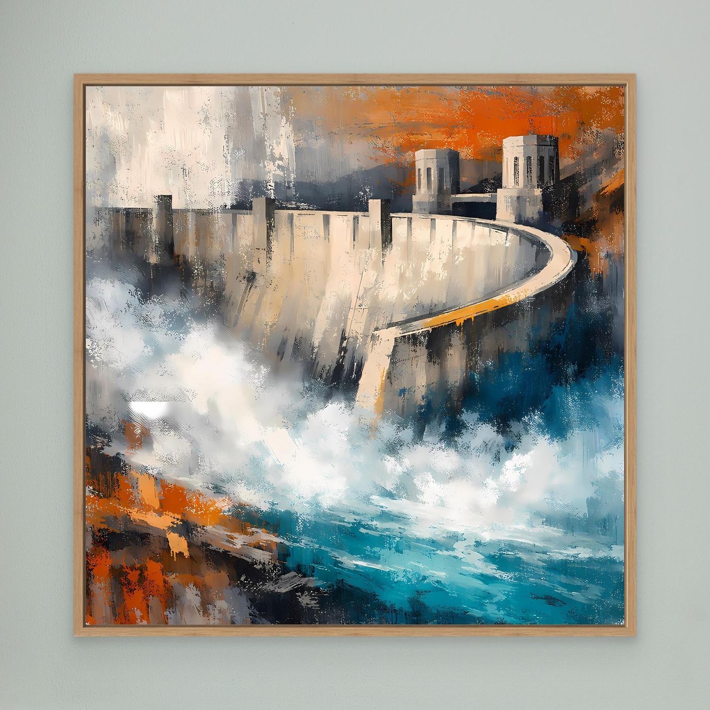 Abstraktes Leinwandbild Talsperre mit Damm, Holzrahmen (Eiche) und Blau-Orange
