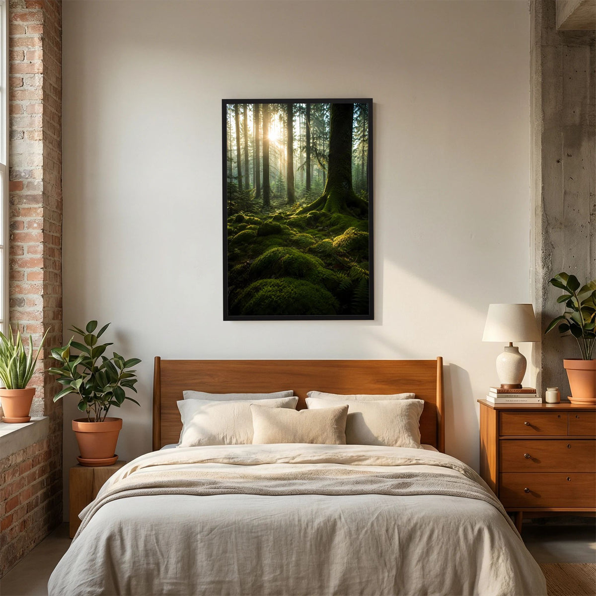 Hochformat-Poster im schwarzen Rahmen: moosiger Waldboden und Sonnenlicht