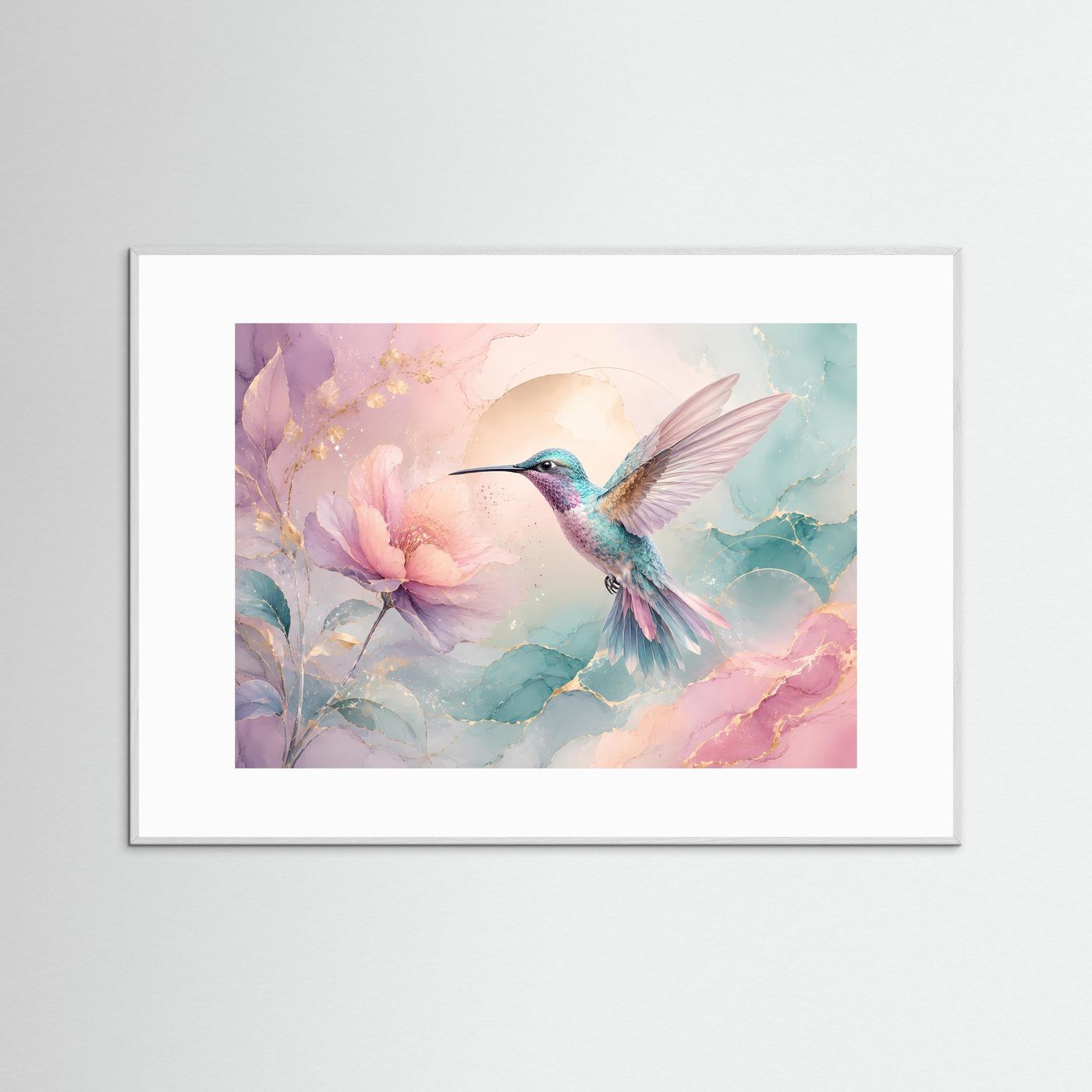 Kolibri Wandbild Pastell | Blüten Poster Rosa Türkis | Elegante Botanische Wandkunst | Moderne Leinwand mit Goldakzenten | Fine Art