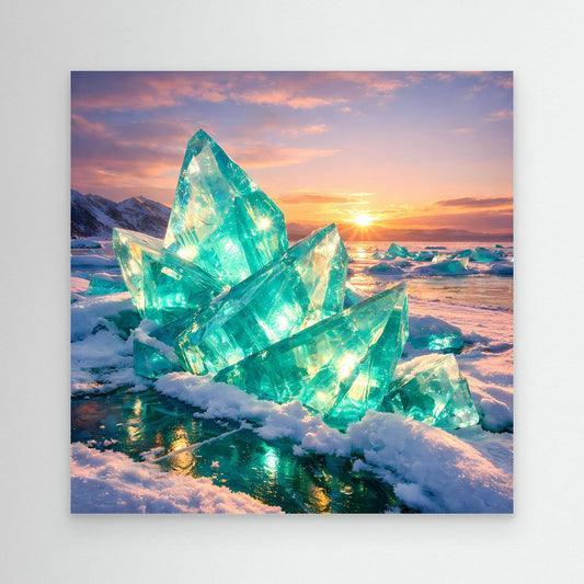 Leinwandbild mit türkisfarbenen Eiskristallen im Winter bei Sonnenuntergang