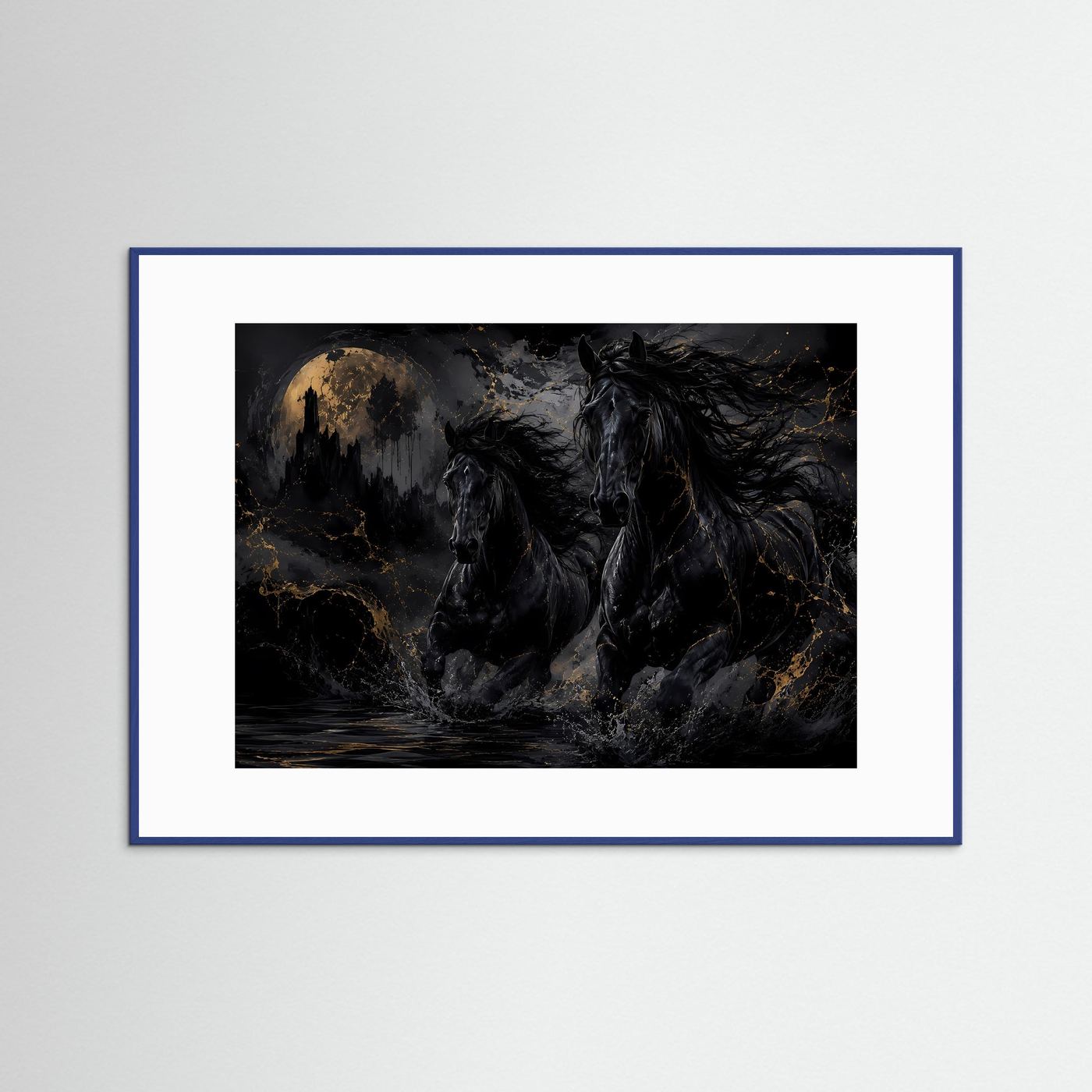 Schwarze Pferde Poster | Mystische Pferde Wandkunst mit Vollmond | Dunkle Fantasy Pferde | Eleganter Gothic Kunstdruck