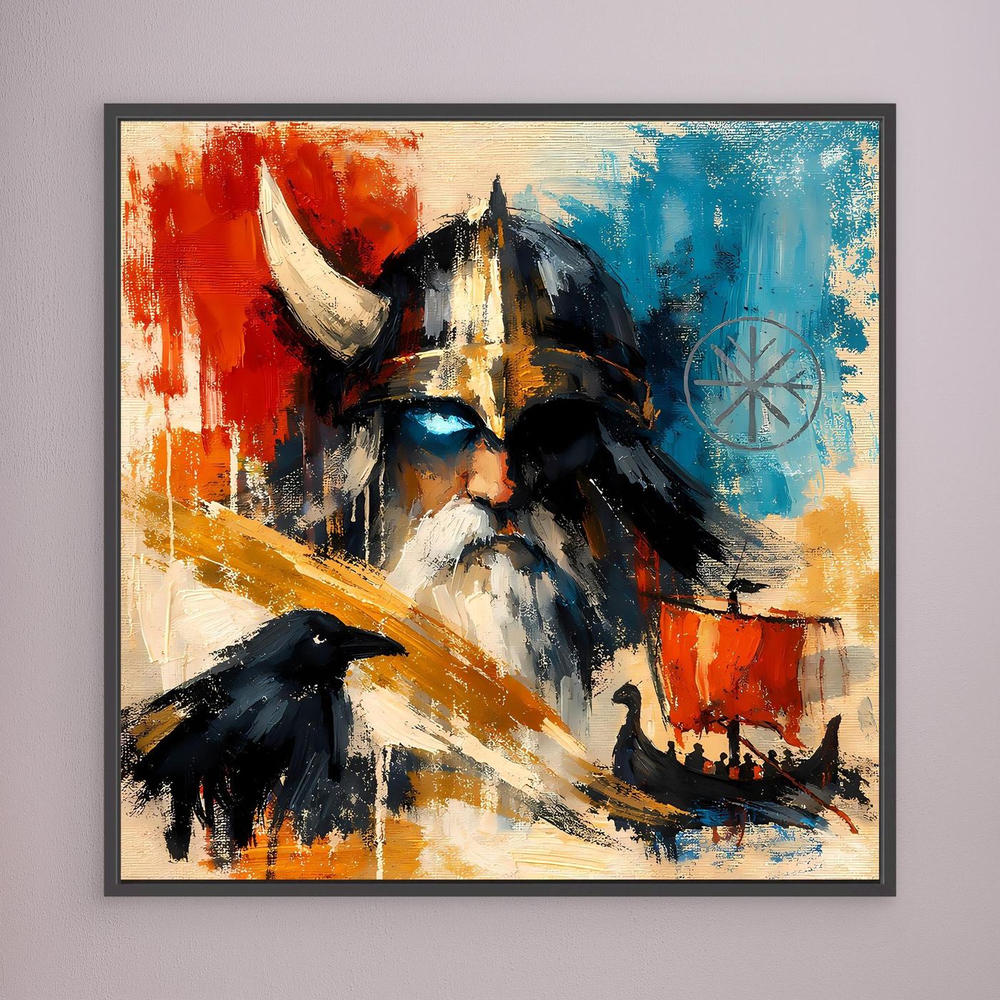 Abstract Nordic warrior wall art with raven, black frame with high-contrast red and blue paint
