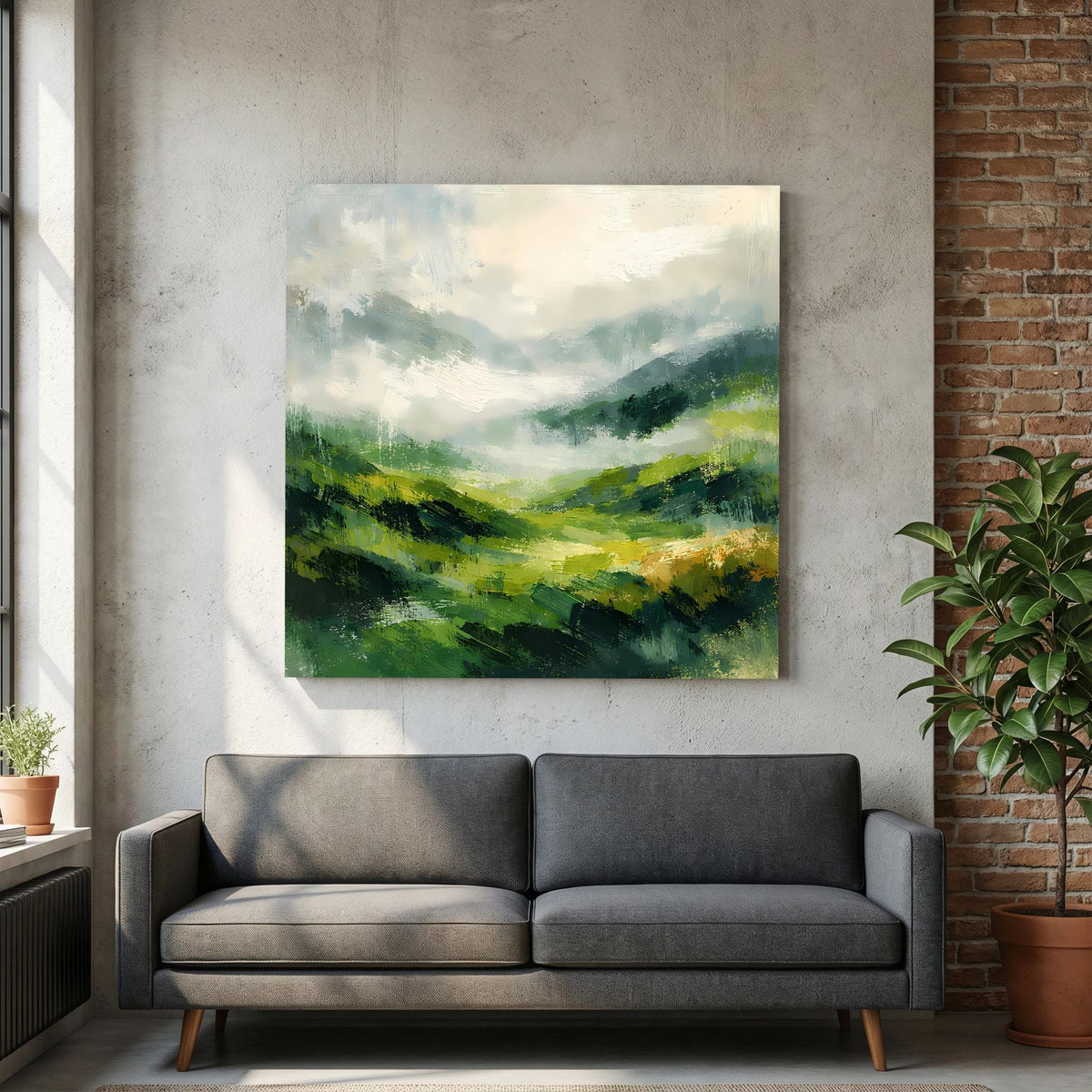 Leinwand Abstraktes Hügellandschaft Gemälde | Modernes Grünes Tal Wandbild Natur