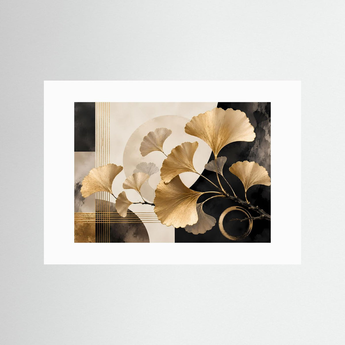 Wandbild mit weißem Passepartout: goldene Ginkgo-Blätter auf Schwarz & Creme