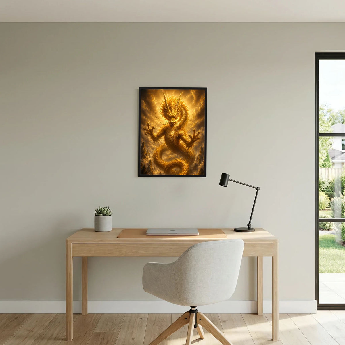 Gerahmtes Poster mit goldenem chinesischem Drachen, zentrales Motiv in Gold