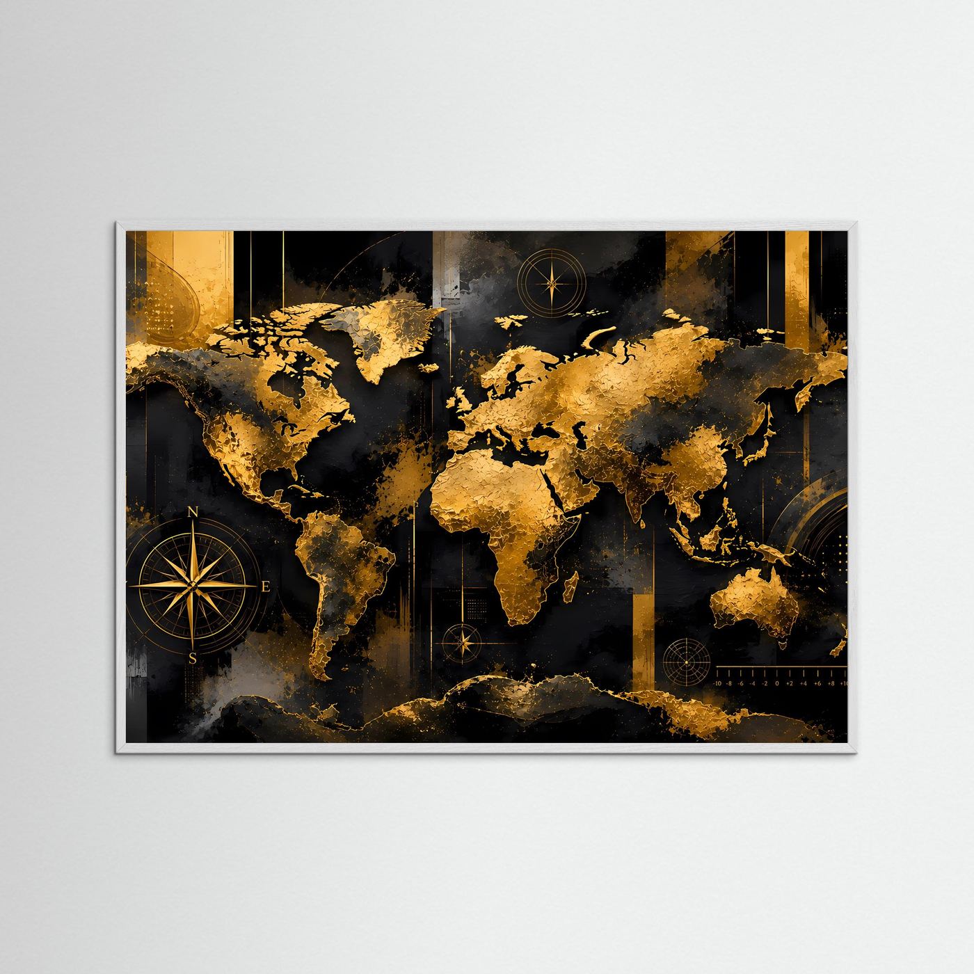 Gerahmte Weltkarte im Querformat, goldene Welt auf dunklem Grund mit Kompass und Navigationslinien.