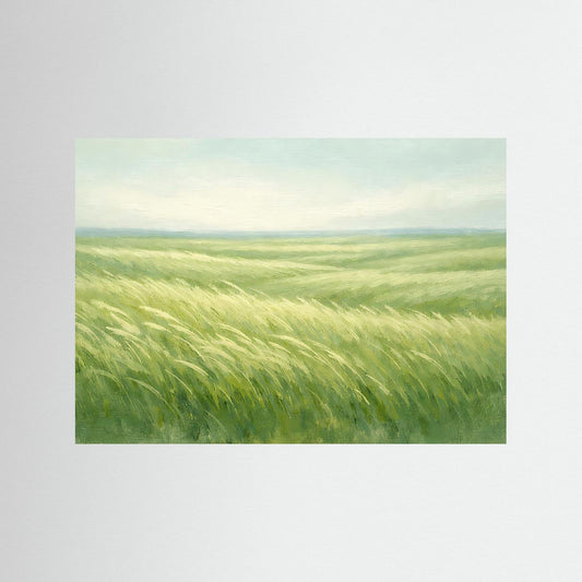 Poster Querformat mit grüner Graslandschaft im Wind und hellem Himmel