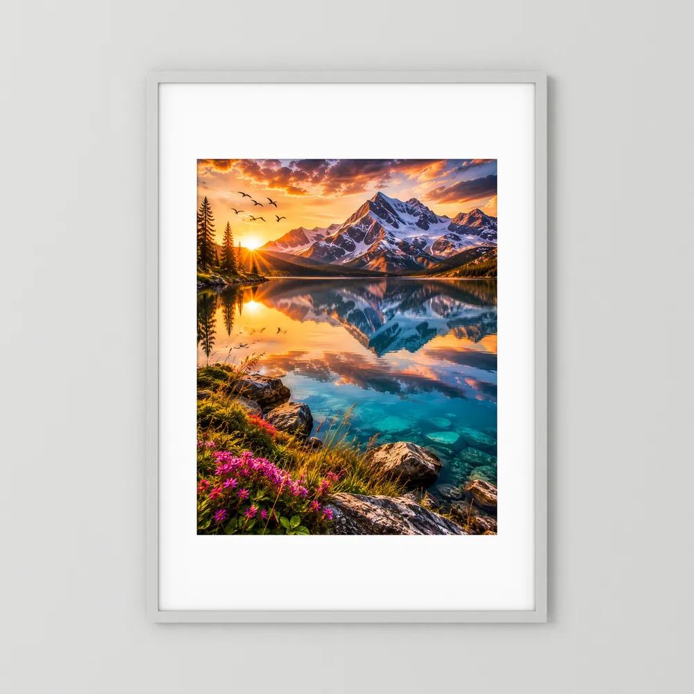 Gerahmtes Poster Hochformat: weißer Rahmen mit Passepartout, Alpensee am Abend