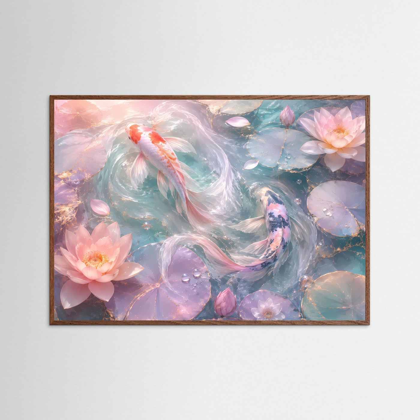 Koi-Karpfen & Lotusblüten in Pastell | Elegante Zen-Wandkunst mit Goldakzenten