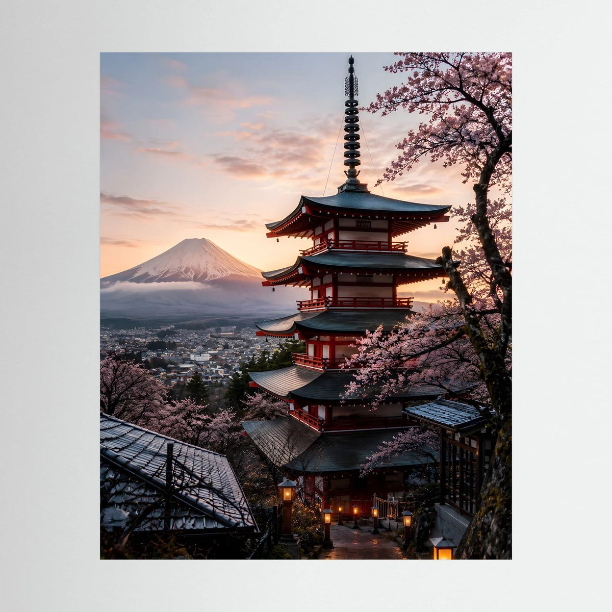Japanisches Poster im Hochformat mit Pagode, Kirschblüten und Fuji bei Dämmerung