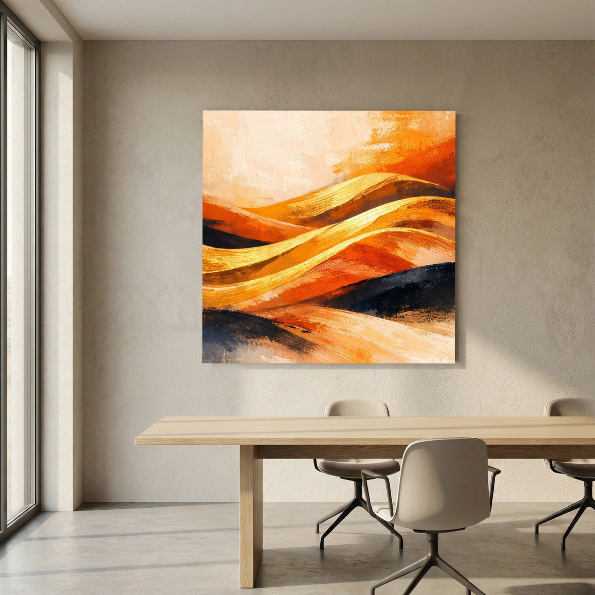 Abstraktes Leinwand-Wandbild: Dünenlinien in Orange, Beige und dunklen Blauflächen