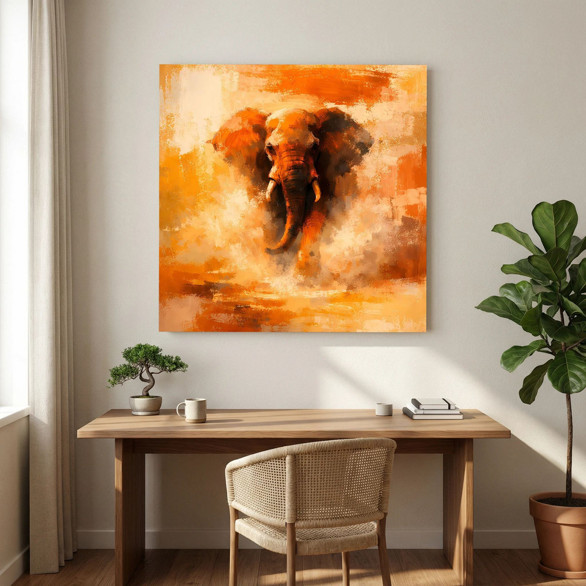 Leinwand Abstraktes Elefanten Gemälde | Modernes Kraftvolles Tier Wandbild Orange Ocker