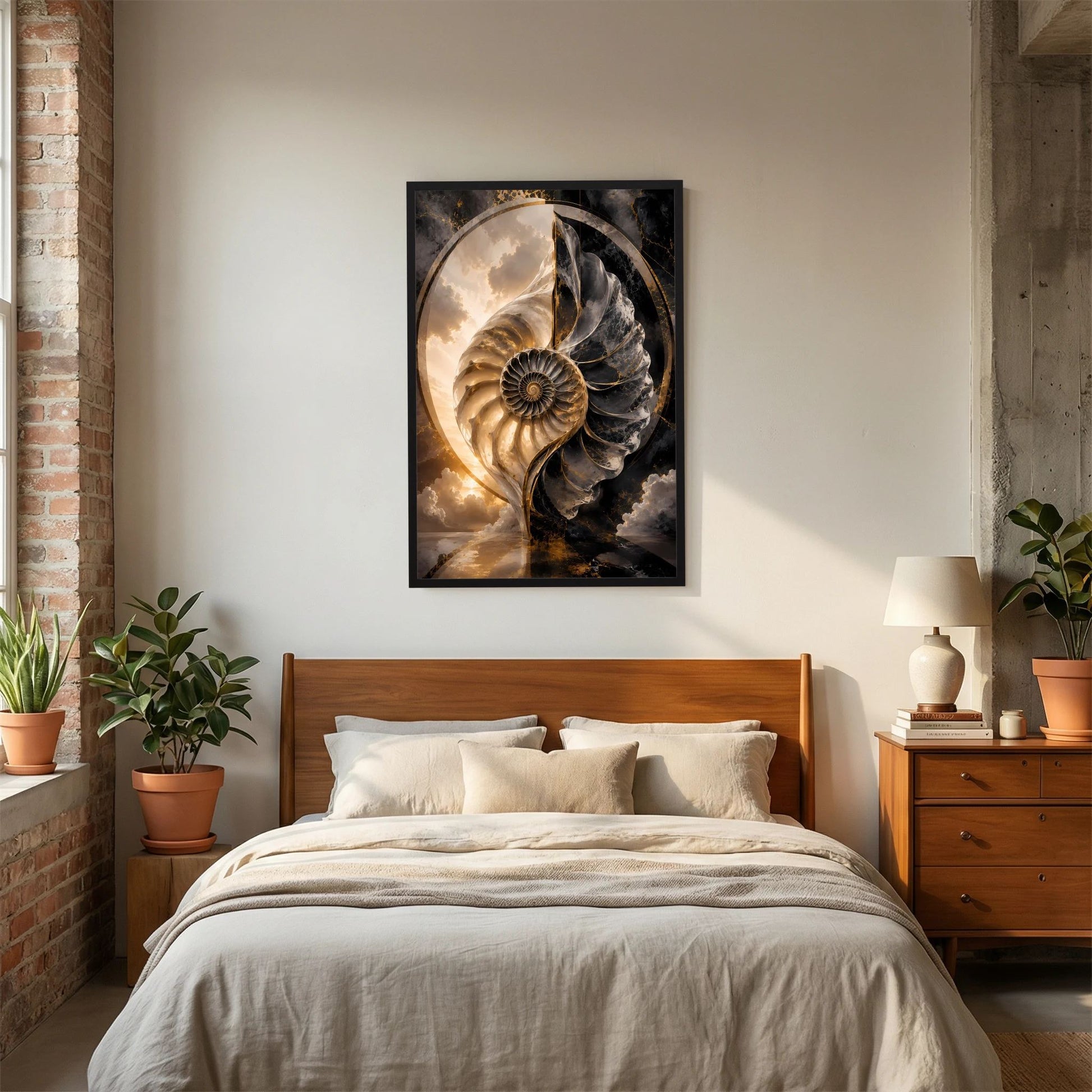 Kunstposter mit Muschelmotiv in Schwarz und Gold, gerahmt mit dunklem Rahmen
