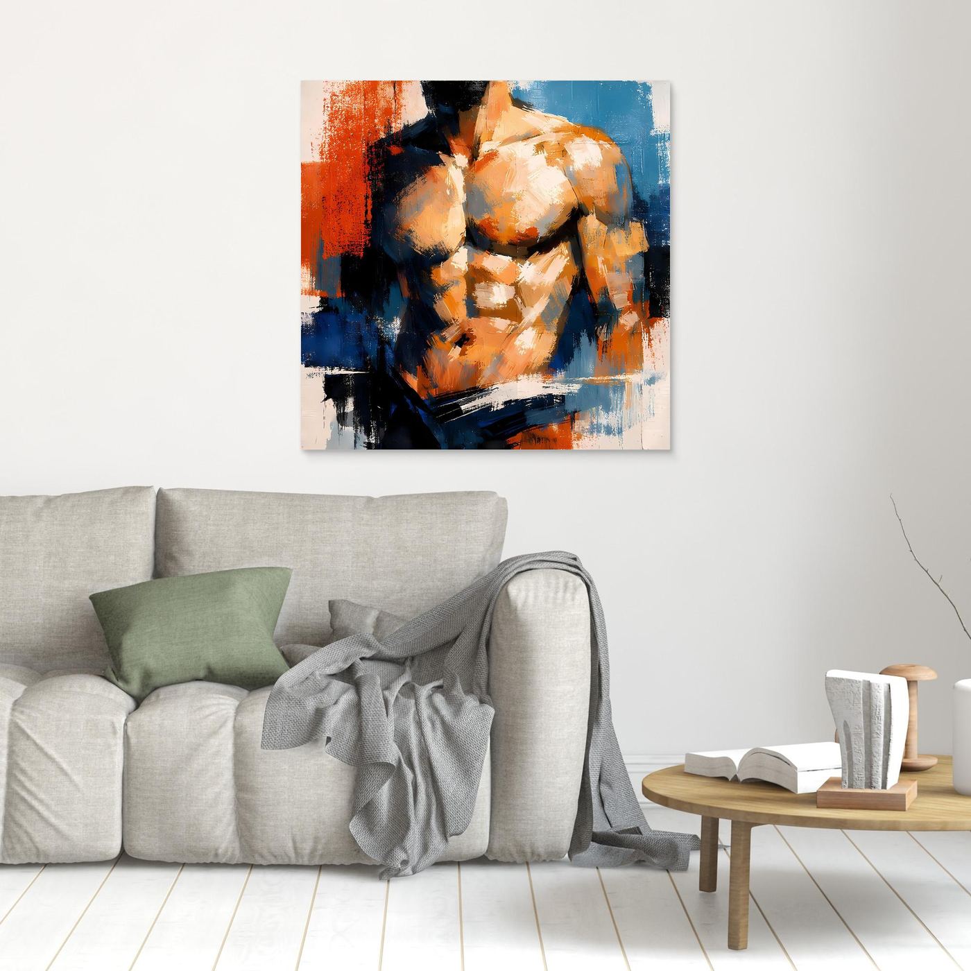 Small framed abstract male torso painting with orange, blue, and black brush strokes