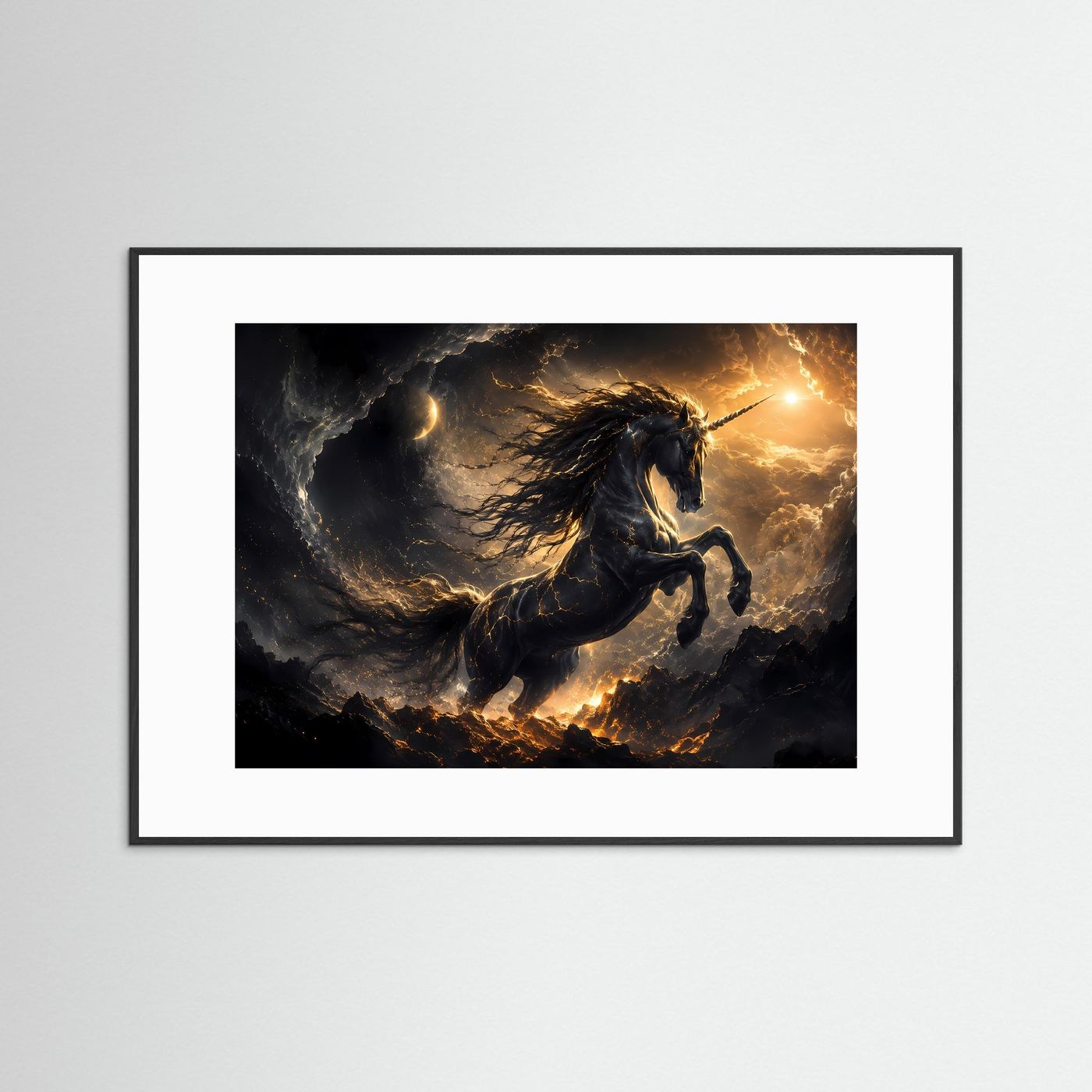 Einhorn Poster | Mystische Fantasy Wandkunst | Schwarzes Einhorn mit Gold | Magische Himmel Landschaft | Leinwandbild Modern