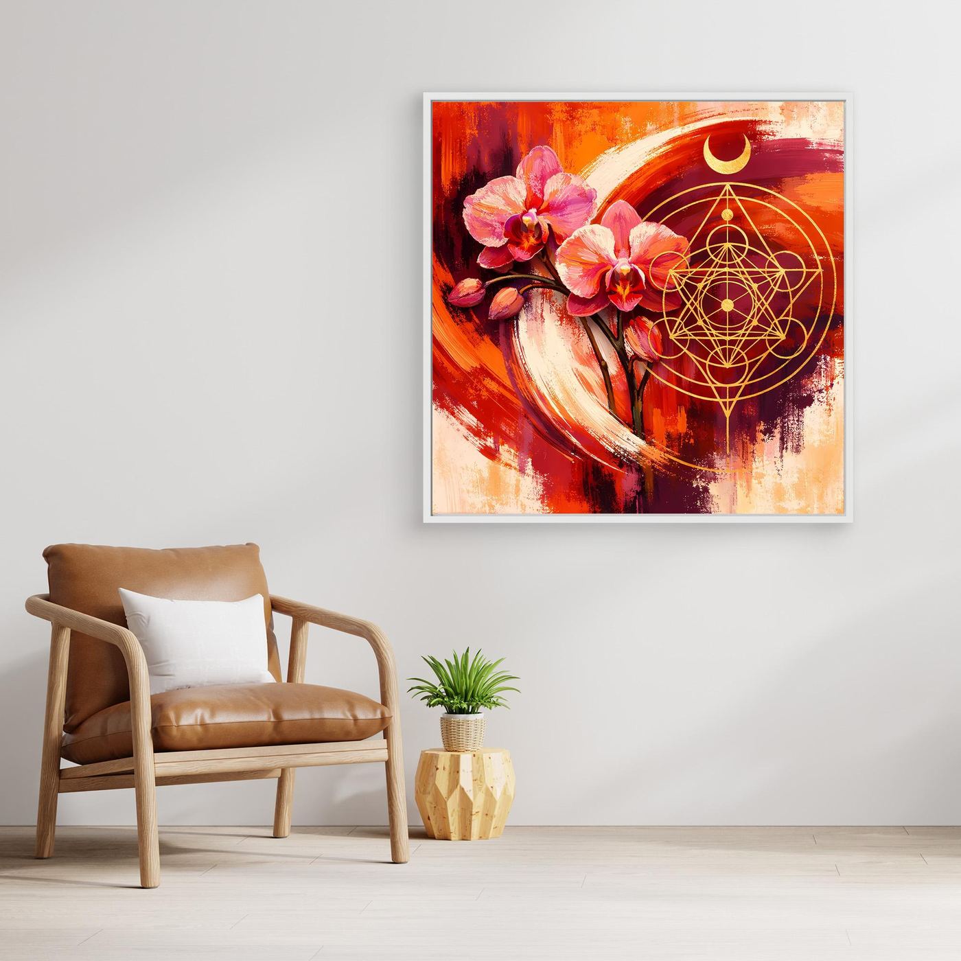 Wandbild mit Orchidee und goldenen Kreissymbolen der heiligen Geometrie, Halbmond