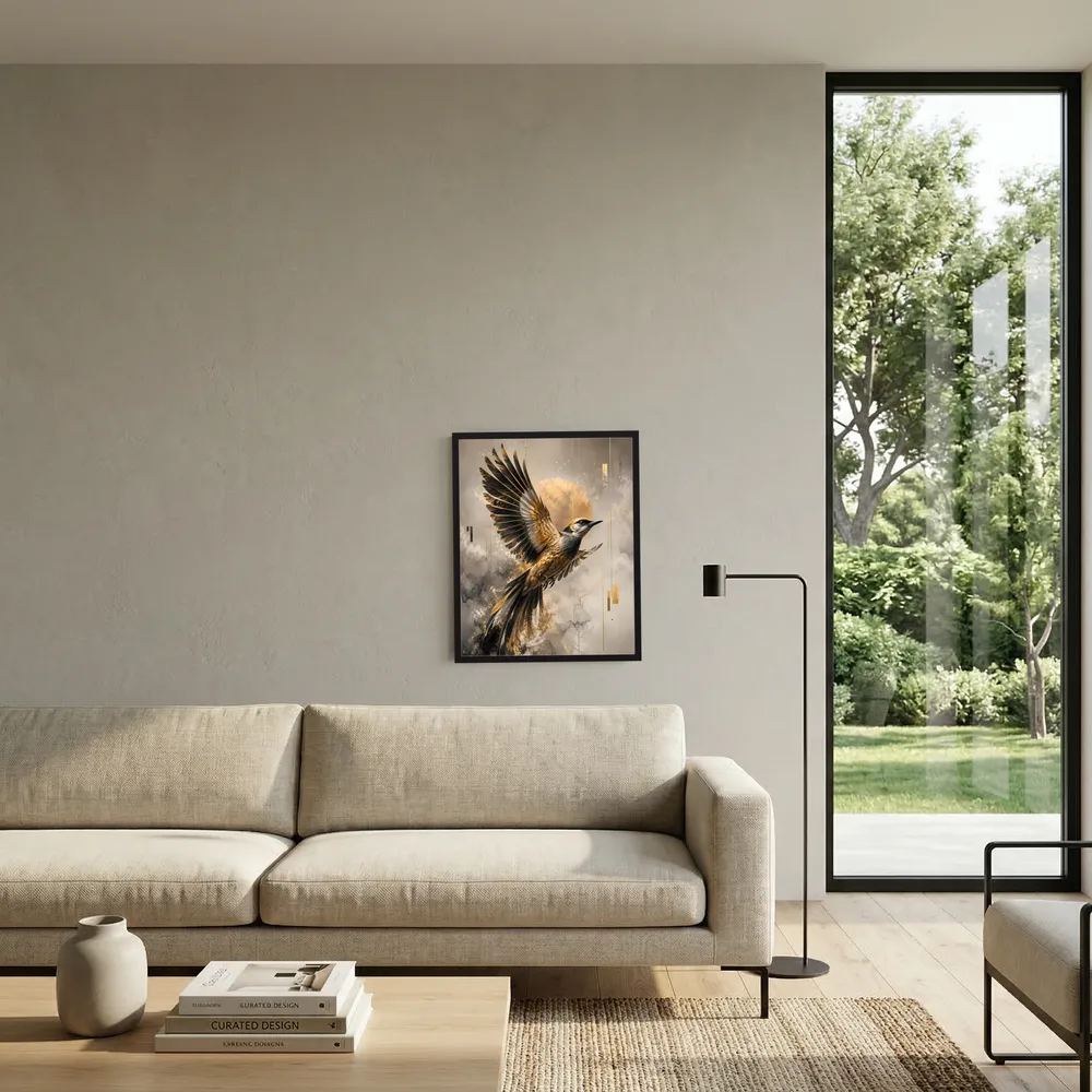Vogelkunstposter im schwarzen Rahmen über beigem Sofa