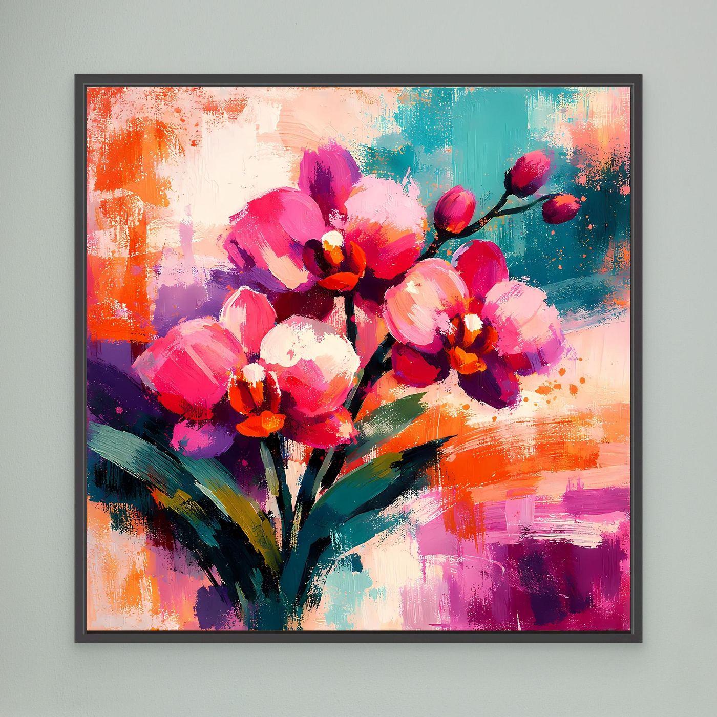 Leinwand-Wandbild mit abstrakten Orchideen in Pink, Lila und Türkis, schwarz gerahmt