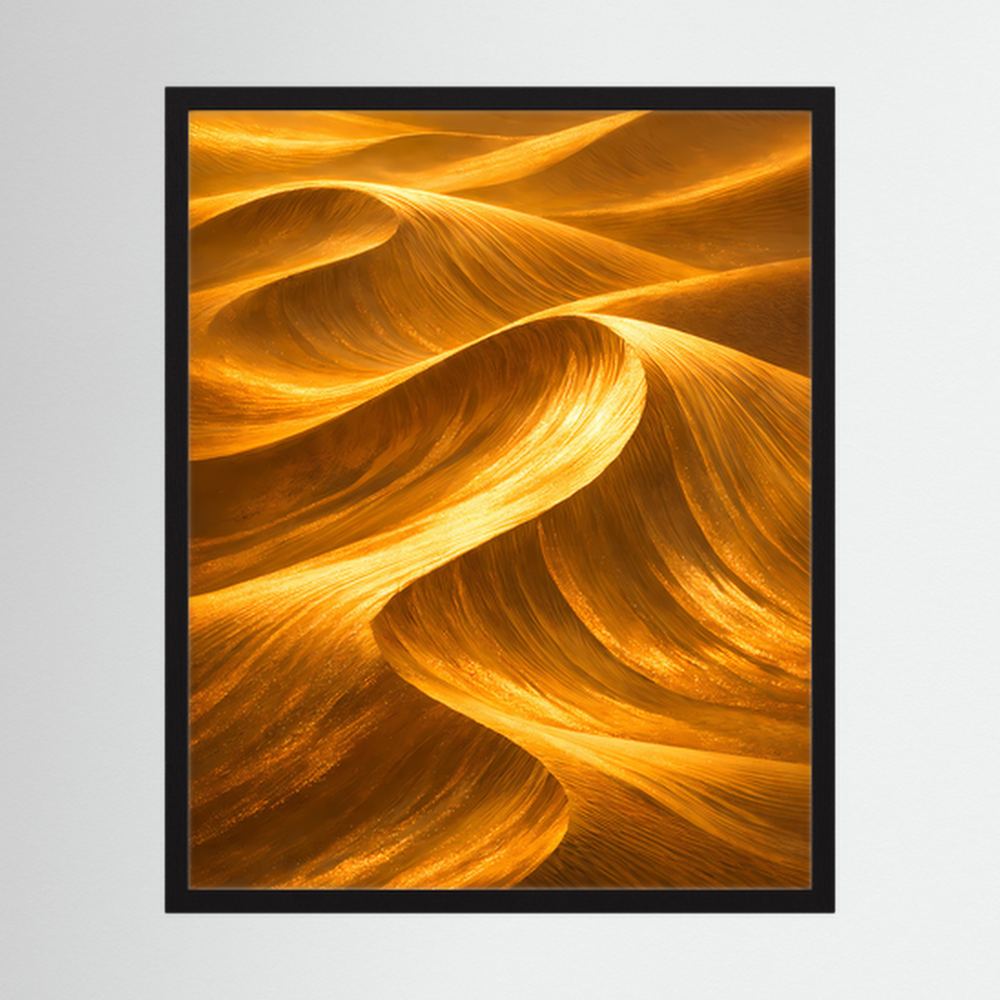 Gerahmtes Poster im Hochformat mit goldenen Sanddünen und geschwungenen Lichtlinien