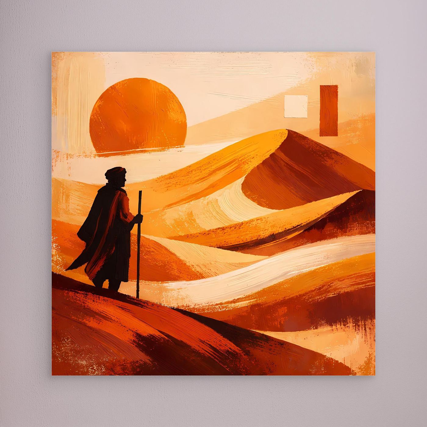 Leinwandbild: orange Wüstenlandschaft mit Sonne und Wanderfigur, Rahmen nicht sichtbar