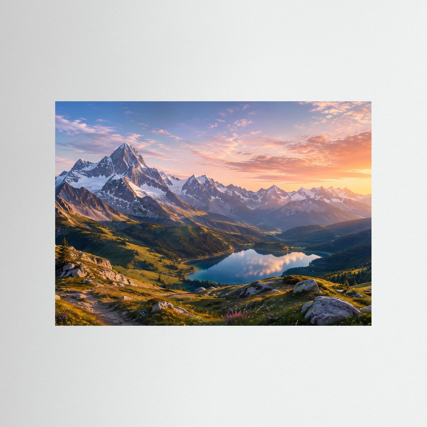 Bergsee-Landschaftsfoto mit Alpenpanorama bei Sonnenuntergang, ohne Rahmen
