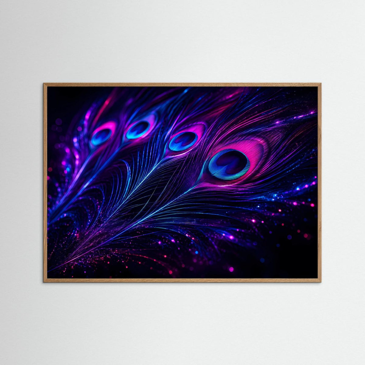 Leuchtfeder-Wandkunst im Holzrahmen mit magenta-blauen Lichtwirbeln und Federaugen