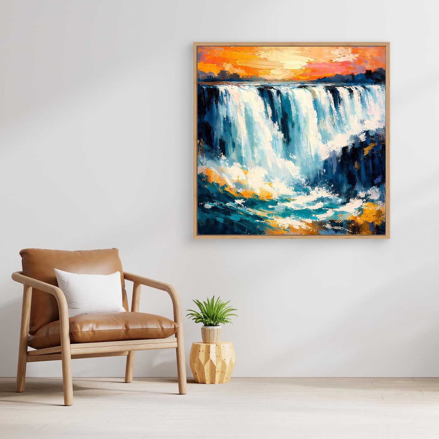 Gerahmtes Leinwandbild mit abstraktem Wasserfall in Blau- und Orangetönen