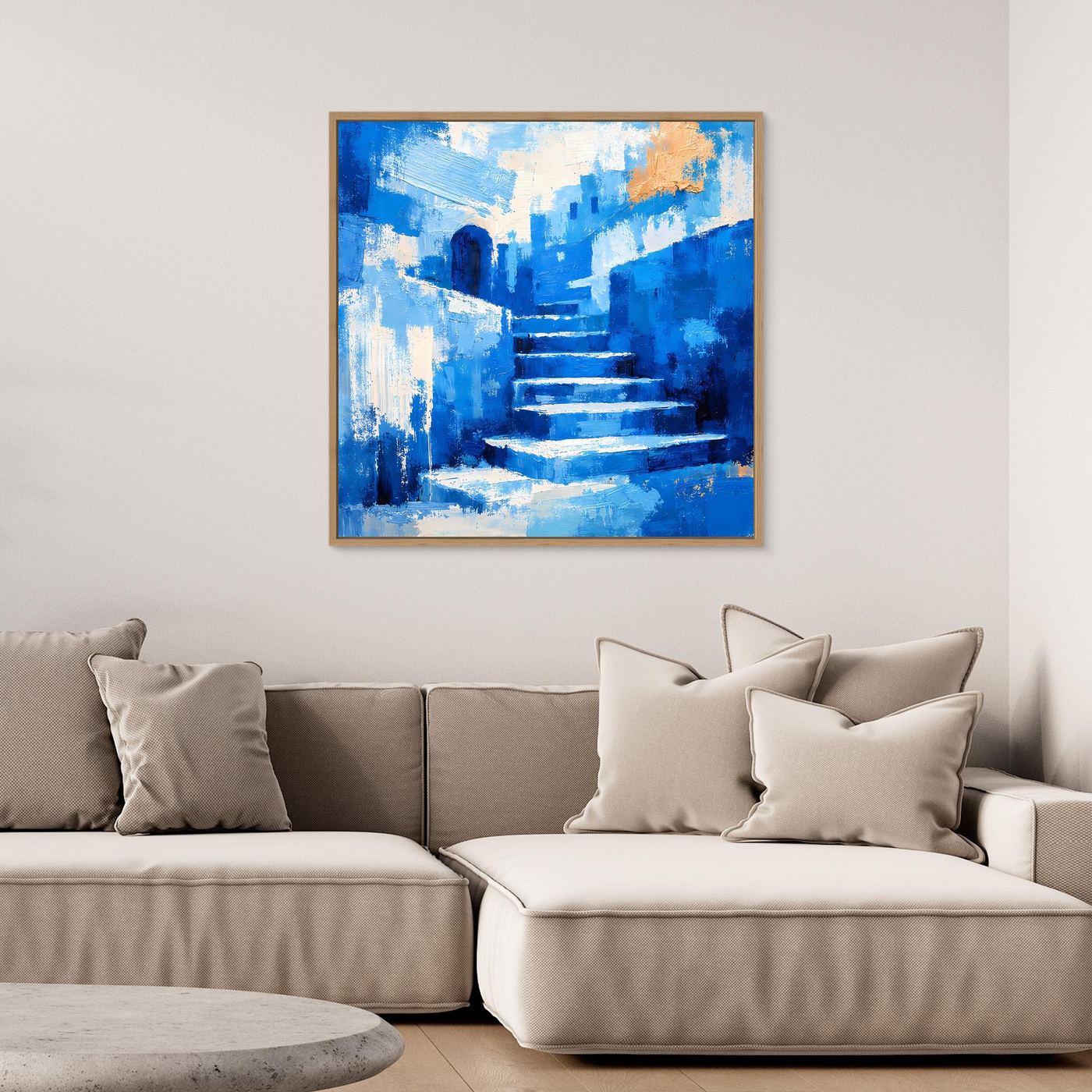 Abstraktes Leinwand-Wandbild mit blauem Treppenweg und Rahmen, orange Akzente