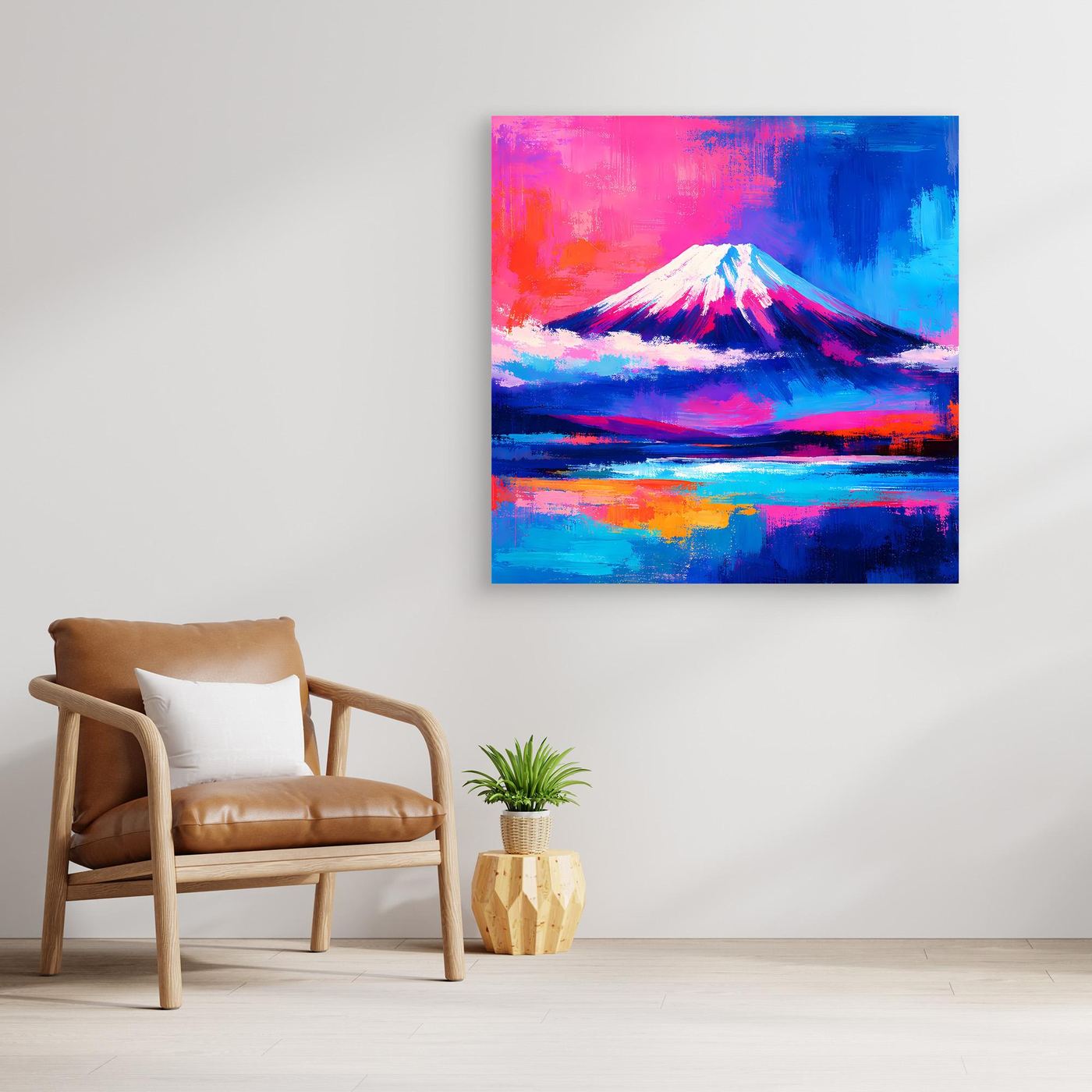 Leinwandbild Abstrakter Fuji bei Sonnenuntergang | Farbenfrohes Berg Wandbild auf echtem Holzkeilrahmen
