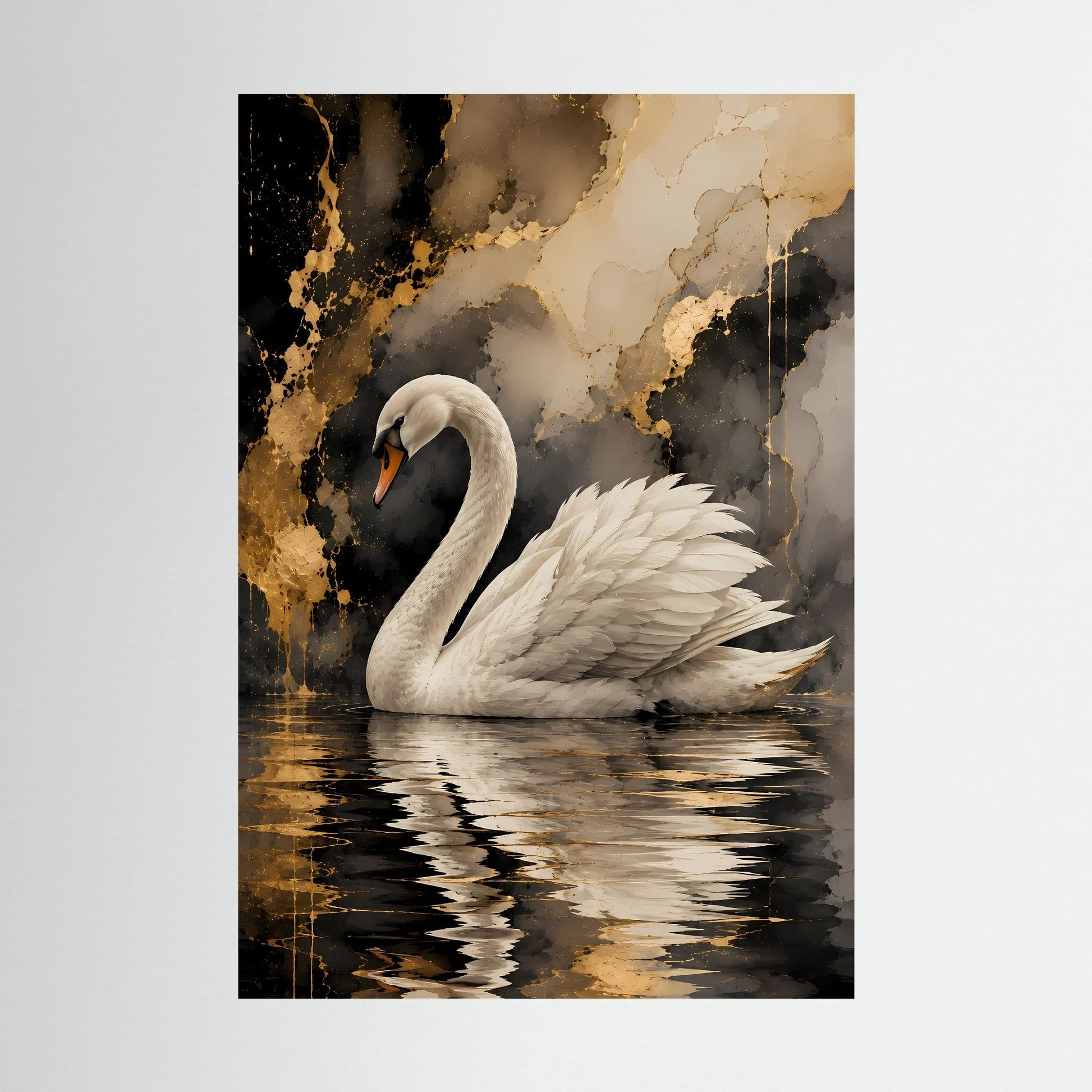 Poster mit weißem Schwan auf goldenem Wasser, Gold-Schwarz abstrakt, Hochformat
