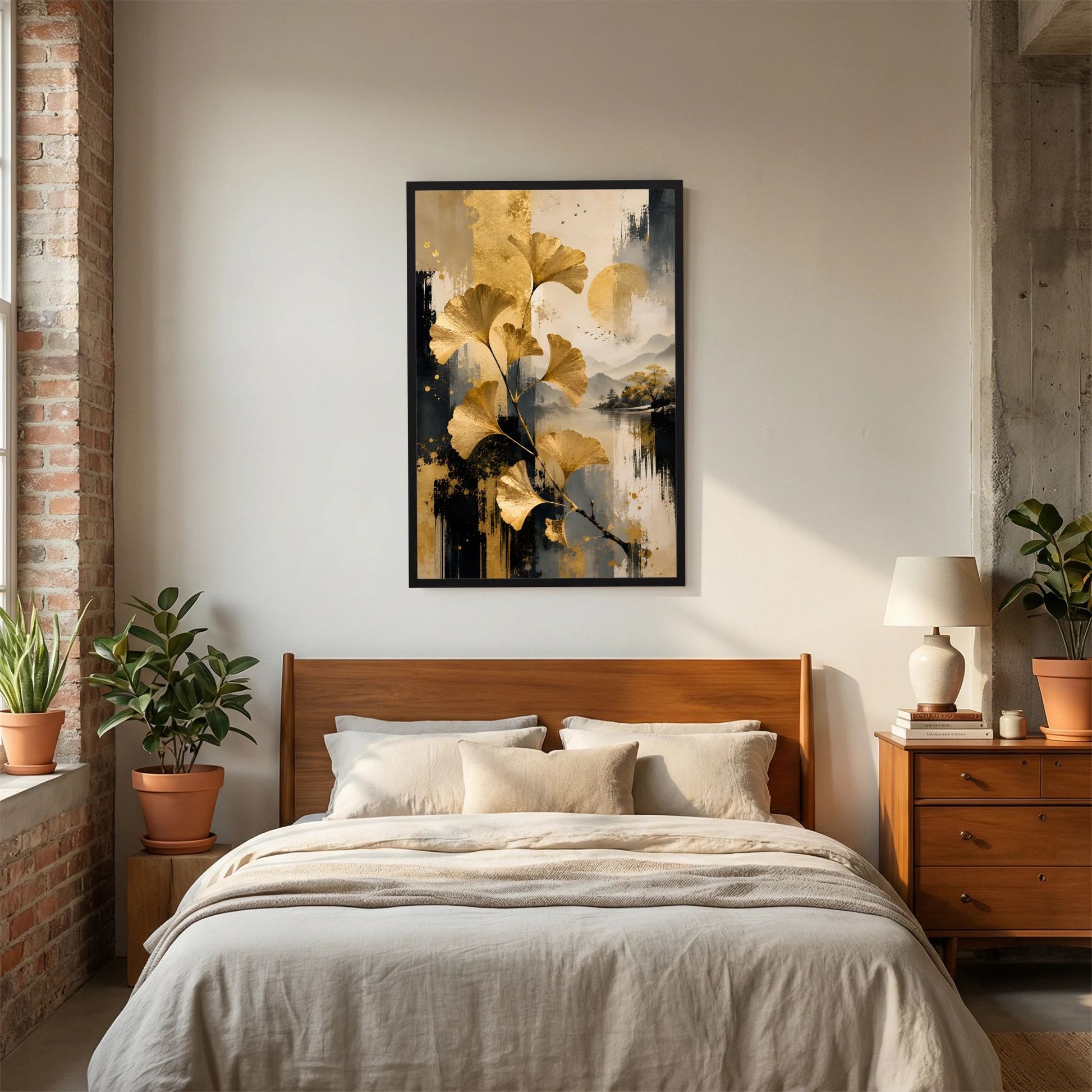 Abstraktes Ginkgo-Kunstposter im schwarzen Rahmen, goldene Blätter auf beigegrauer See-Optik