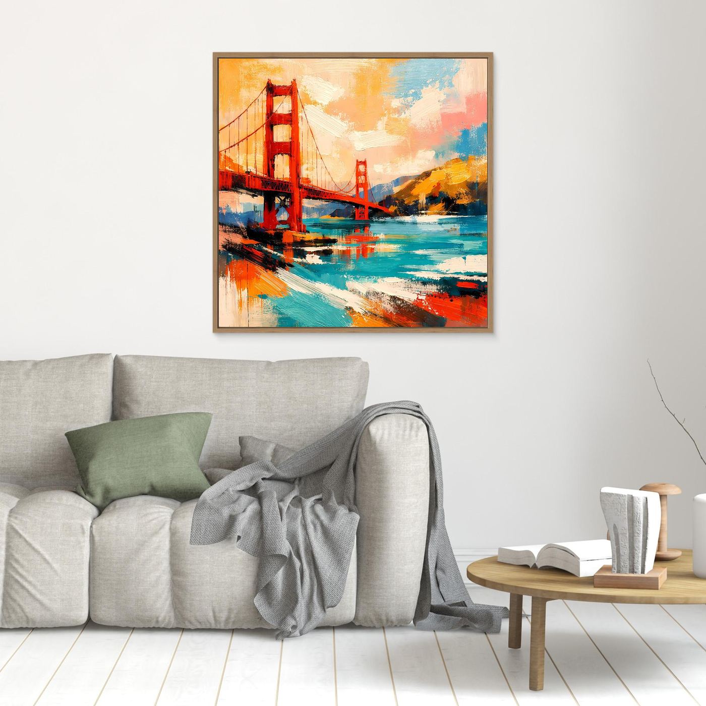 Brown-framed abstract bridge wall art with red towers and teal water with orange accents
