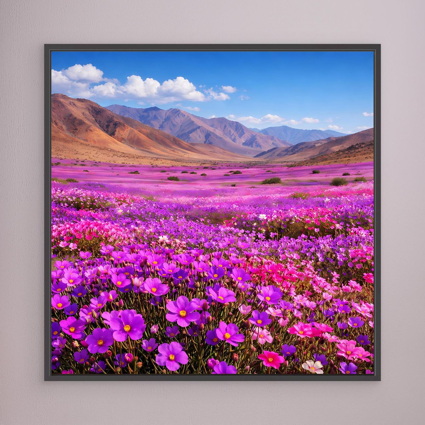 Leinwandbild mit lila Blütenfeld und Berglandschaft im schwarzen Rahmen