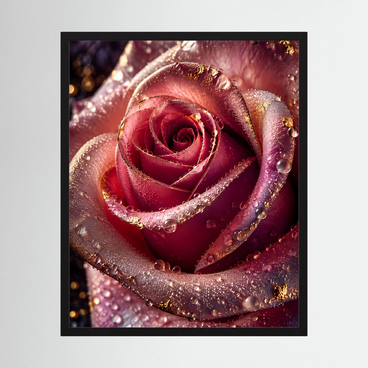 Poster mit dunkelrosa Rose, Wassertropfen und goldenen Akzenten, im schwarzen Rahmen