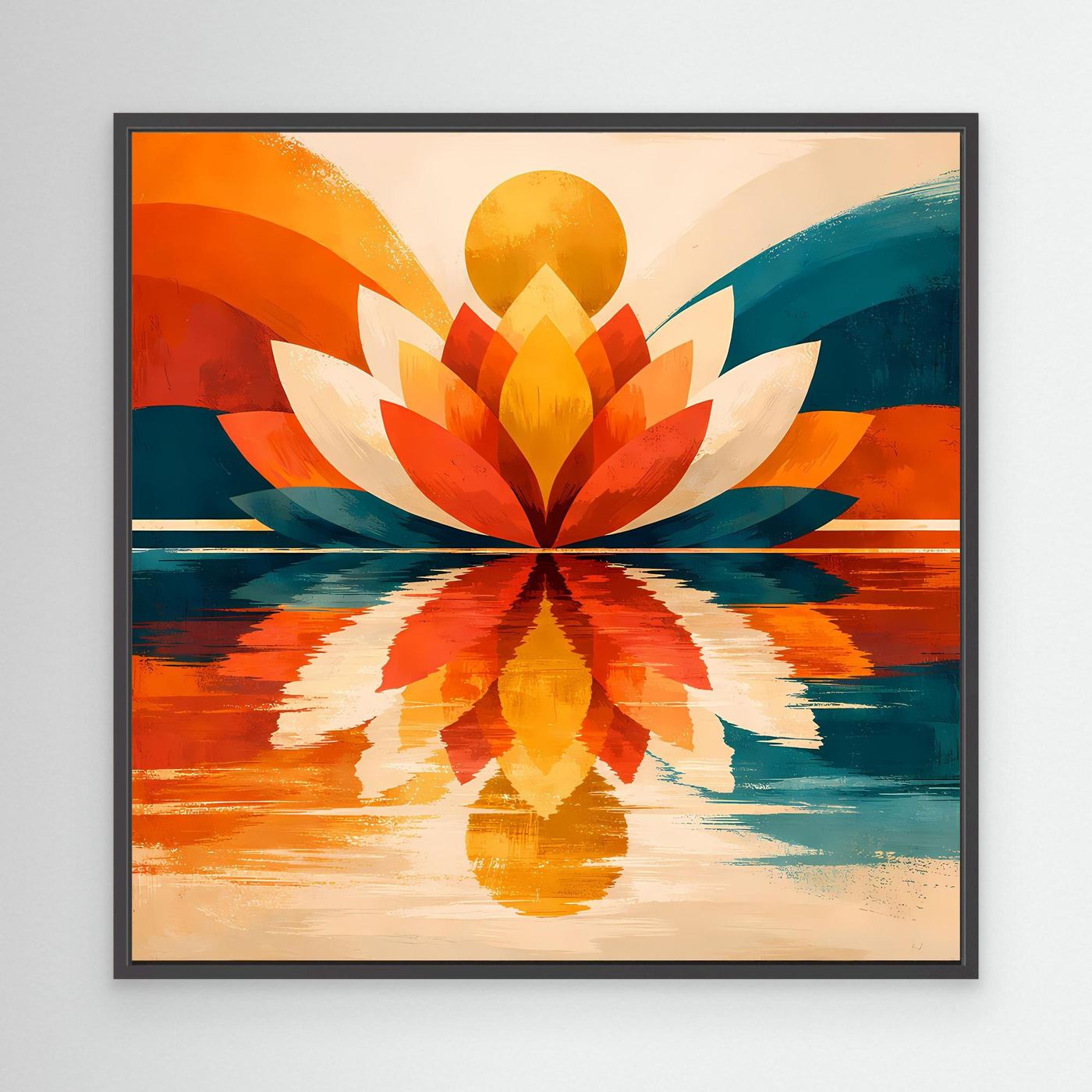 Abstraktes Lotus-Leinwandbild mit schwarzem Rahmen, symmetrisch, Orange und Türkis