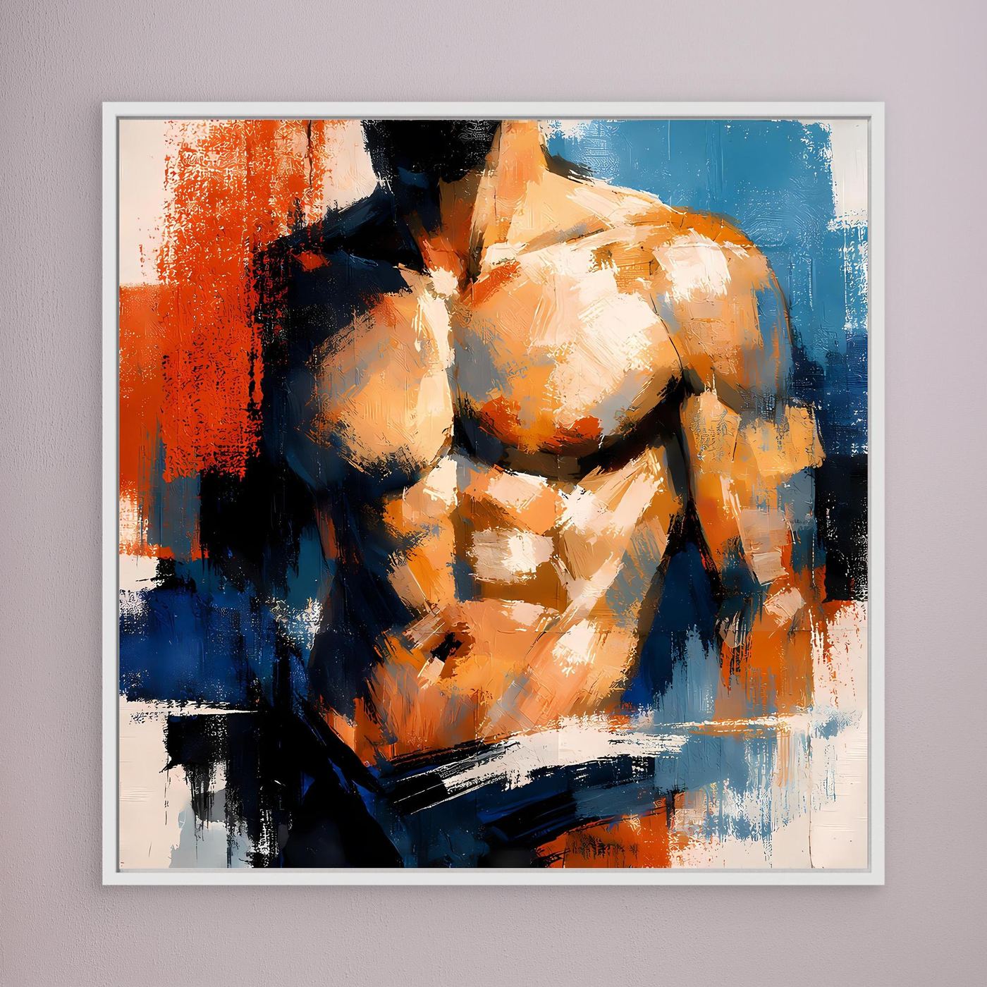 Framed abstract male torso painting with white frame and orange blue black brush strokes