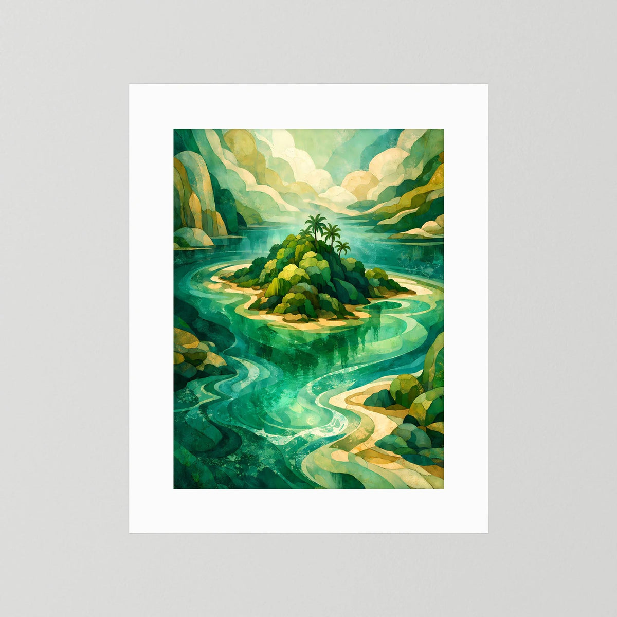 Poster mit abstrakter Insel in Türkis und Grün, weißer Rand