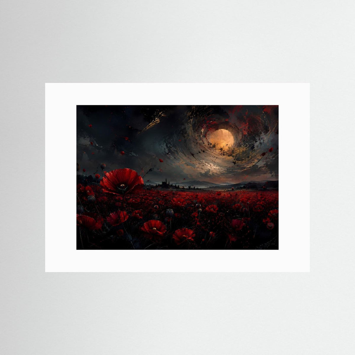 Leinwandbild mit Mohnblumenfeld und Mond in dunkler Nacht, mit weißem Passepartout