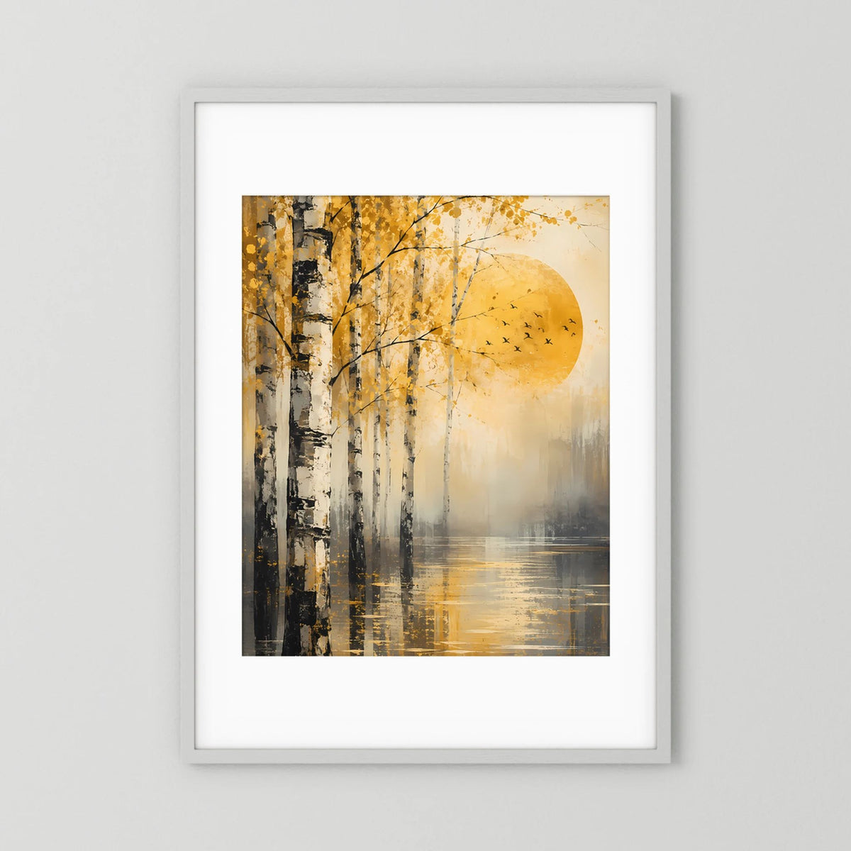Hochformat-Poster mit weißem Passepartout: abstrakte Birken, goldene Sonne, Vögel