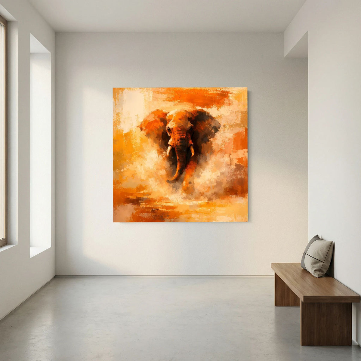 Leinwand Abstraktes Elefanten Gemälde | Modernes Kraftvolles Tier Wandbild Orange Ocker