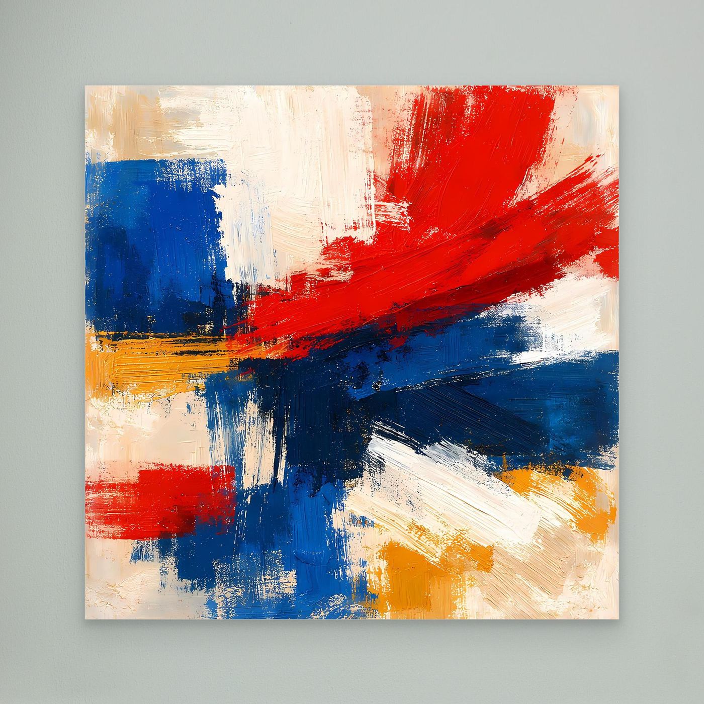 Abstract canvas wall art with bold red, blue, and yellow brushstrokes on off-white