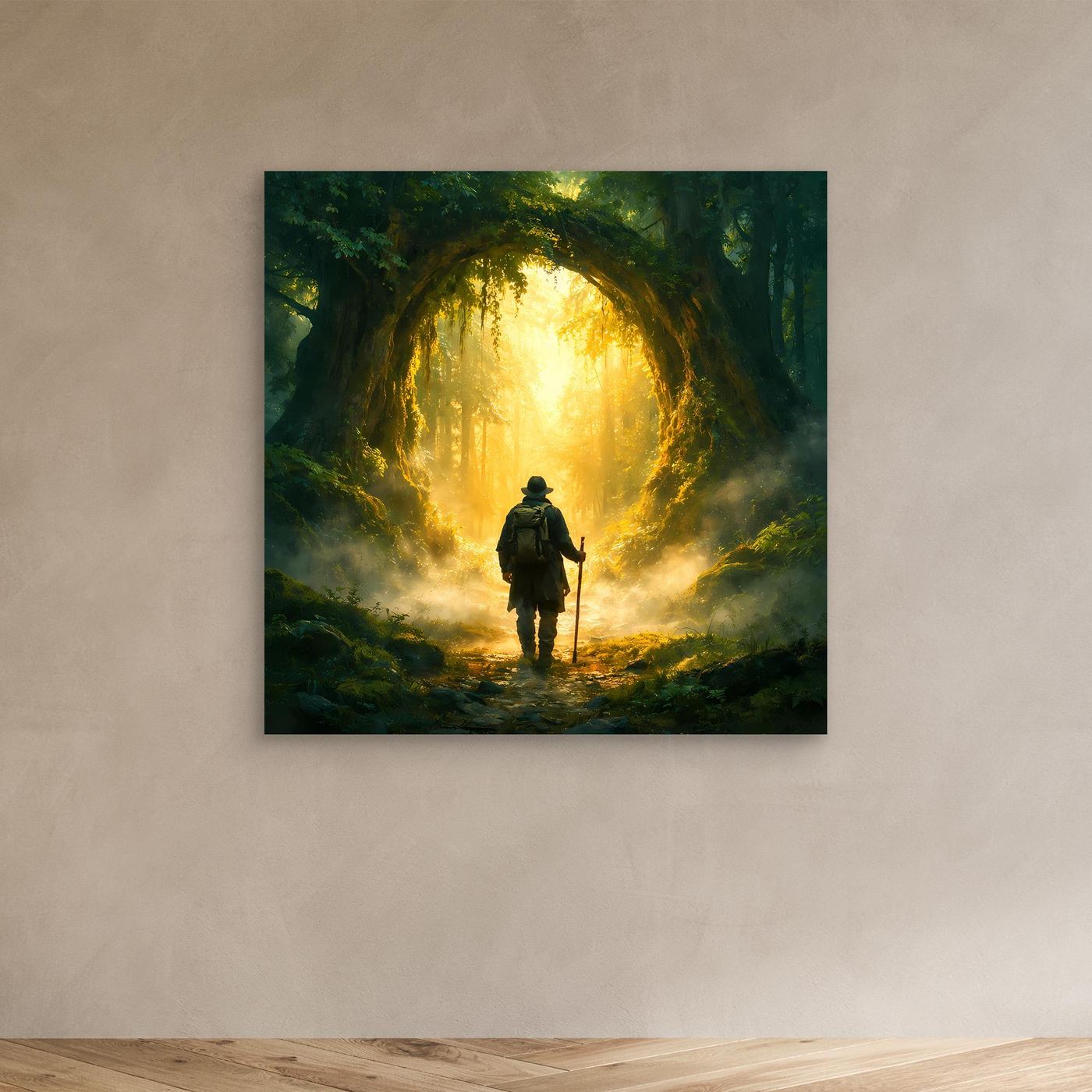 Leinwand Mystischer Wanderer am Waldportal | Abstraktes Natur Zauberwald Wandbild