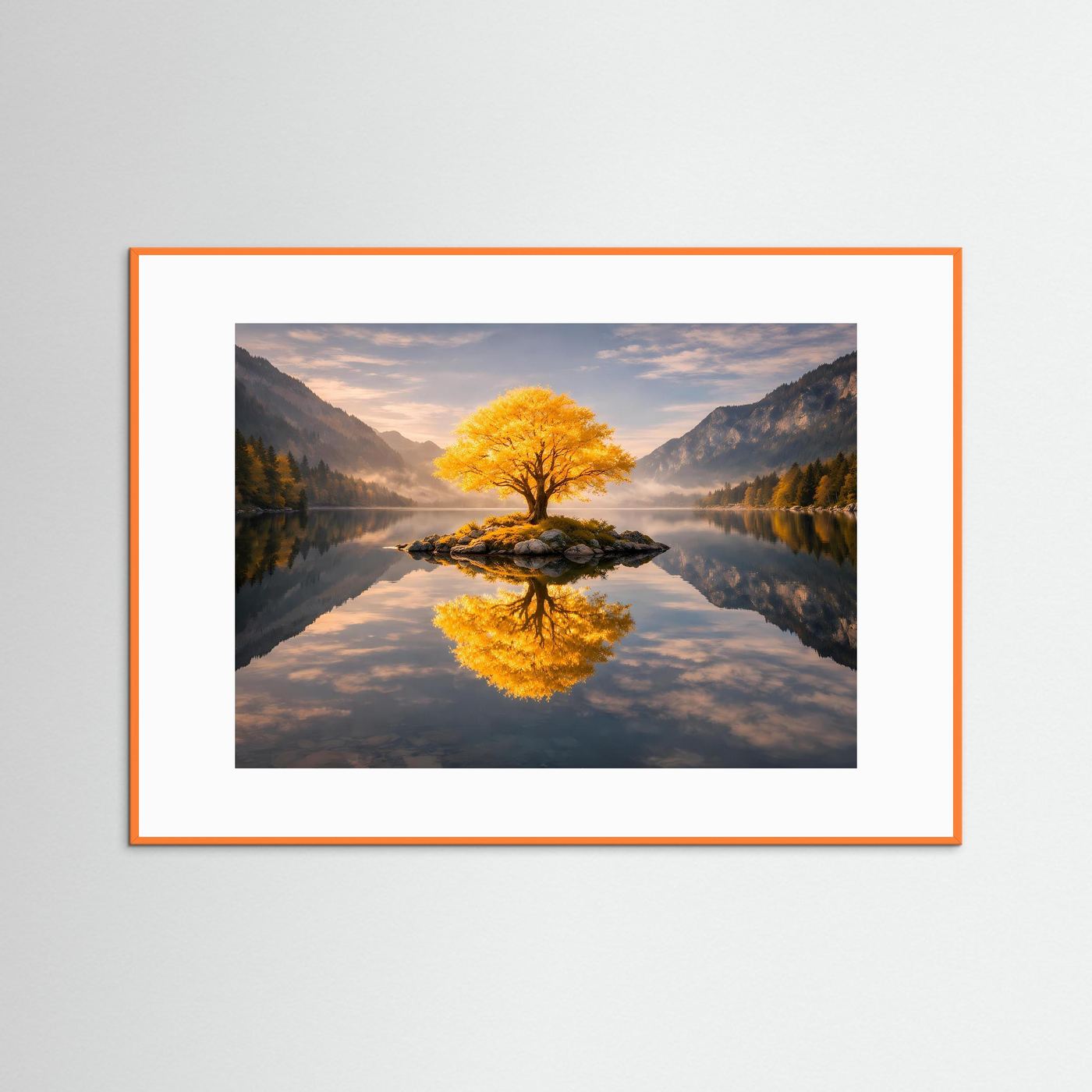 Wandbild mit goldenem Baum und Spiegelung im See, orangefarbener Rahmen