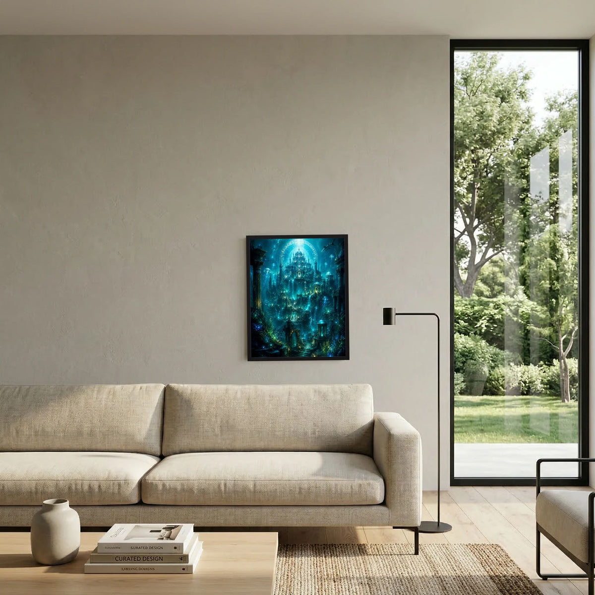 Hochformat-Poster mit Unterwasser-Tempelstadt in tiefem Blau und türkisen Lichtkreisen